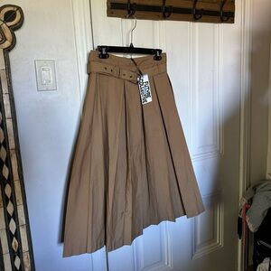 Future Collective cotton skirt pleated midi khaki tan sash belt NEW size 4